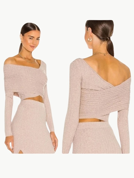 Ronny Kobo Collection Tops - Ronny Kobo Rosette Oatmeal Asymmetrical Wrap Ribbed Knit Crop Top Neutral Date